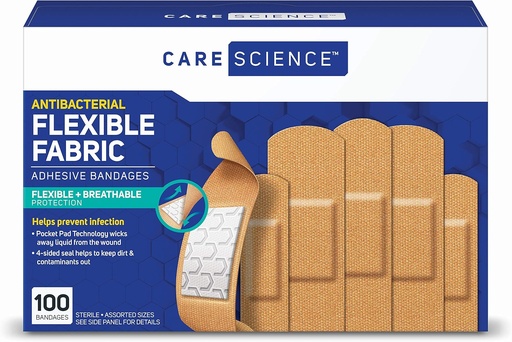 [BRSWGHQOAVYQMEL5] Care Science Fabric Adhesive Bandages, 100 ct Assorted Sizes | Flessibile + Protezione traspirante aiuta a prevenire l'infezione per il primo soccorso e la cura del dolore