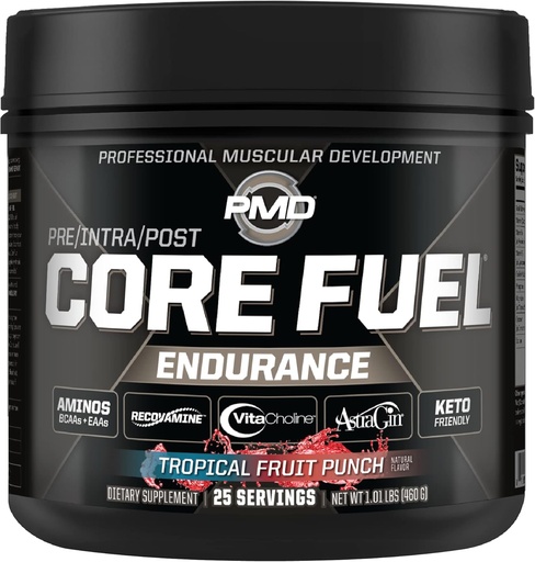 [BRSWGEITCMMAEAD5] PMD Sports Core Fuel Endurance, Performance & Recuperación - BCAAs, EAAs, Beta Alanina, Betaine Anhidrous, Glutamina, Electrolytes - Crecemento muscular, forza - Estim libre, Punch de froitas tropicais (25 porcións)