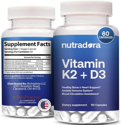 [BRSROYITDIHAKAYZ] Vitamin D3 K2 Capsules for Men and Women - K2 D3 Vitamin Supplement for Healthy Heart and Bone Support, Immune System & Blood Circulation Assistance, Formulated in USA, 60 Veggie Capsules