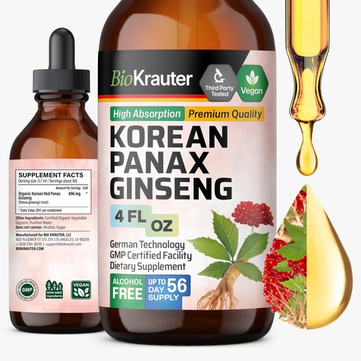 [BRSWYZD7PJ6AMYI2] BIO KRAUTER® Ginseng Supplement - Pure Vegan Liquid Drops Korean Red Ginseng 696 mg per Serving 4 Fl.Oz 56-Day Supply - Used for Energy, Focus, Performance & Immune Support - Alcohol & Sugar Free