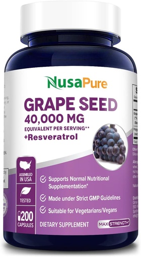 [BRSW2AY7OQBAAFY2] NusaPure Grape Seed Extract 40.000mg per Caps, 200 Vegan Capsules, Standardied, Non-GMO, Gluten Free, Resveratrol