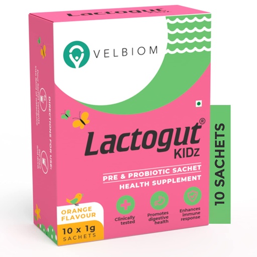 [BRSW2EAYBF6R4HTX] Velbiom Lactogut Kidz Probiotics Powder For Kids Easy To Consume Probiotics For Children Gut Health, overall wellness and immunity Vegan - 1g*10 Sachets (Orange Flavour)