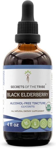 [BRSWECAQAEMBA2DB] Tajemnice plemion czarnego jagodowego bez alkoholu Tincture (Glycerite) 680 mg USDA Organic Black Elderberry (Sambucus Nigra) Suszone Berry (4 Fl Oz) Suplement wsparcia immunologicznego