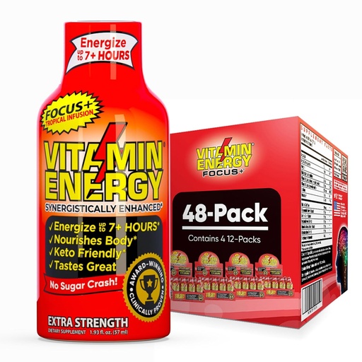 [BRSRAGL6CUAQGF3H] Витамин Енергиен Focus+ Extra Strength Energy Shot Тропическа инфузия 48 Pack, 260mg Natural Кофеин, B-Vitamins, CoQ10, Аминокиселини, Focus, Производителност и чистота, Zero Sugar, Gluten-Free, 1.93 fl oz