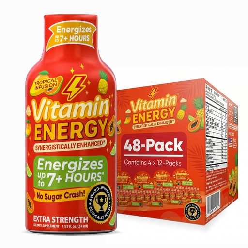 [BRSRAGL6CUAQGF3H] Vitamin Energy Tropical Infusion Extra Strength Energy Shot, 48 Pack - Up to 7 Hrs, 260mg Natural Caffeine, Zero Sugar - BCAAs + CoQ10, Focus Support, B12 B6 Niacin, 1.93 fl oz, Keto Vegan