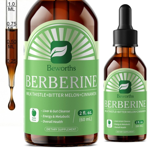 [BRSROFABBN4B43Y7] B BEWORTHS Berberine HCL Supplement with Ceylon Cinnamon - Berberine Phytosome Liquid Drops with Turmeric, Ceylon Cinnamon, Bitter Melon, Milk Thistle, Berberine Supplement for Digestion Support