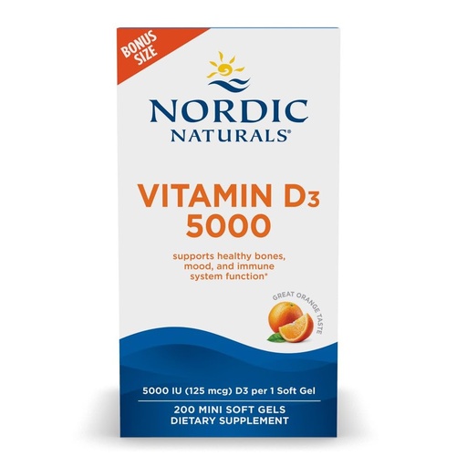 [BRSRA2T4BMIA4C33] Nordic Naturals Vitamin D3 5000, Orange - 200 Mini Soft Gels - Support for Healthy Bones, Mood, & Immune System - Vegetarian - Non-GMO - 200 Servings