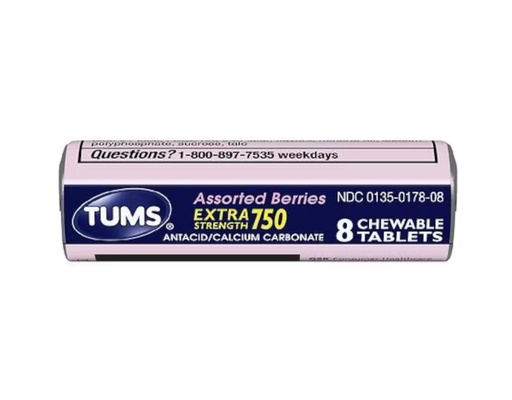 [BRSWIGIPBQAA4FTC] Tums Extra Strength 750 Antacid with Calcium Supplement Calcium Rich Assorted Berries Flavored - 24 Pocket Size Rolls of 8 Chewable Tablets Each Roll (192 Chewable Tablets Total)