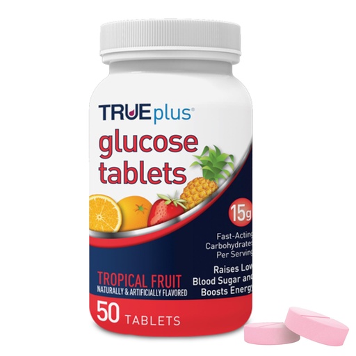 [BRSWYYY2PJ5BEYLX] TRUEplus Glucose Tablets, Chewable, Tropical Fruit Flavor, 15g Fast-Acting Carbohydrates, Fat Free, Gluten Free, Boost Energy, 50 Count