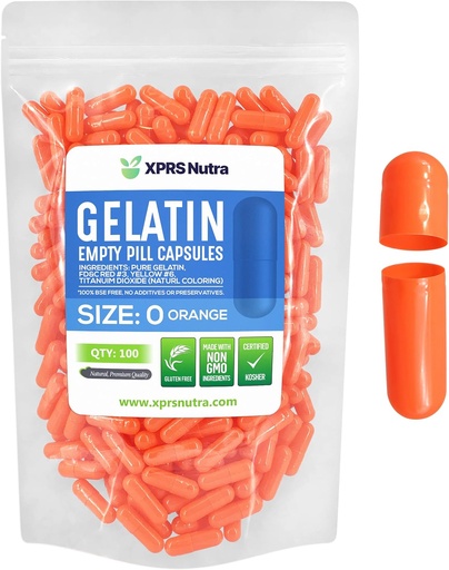 [BRSWGCA6AB5QA3TL] XPRS Nutra Size 0 Empty Capsules - 100 Count Empty Gelatin Capsules - Pills for DIY Capsule Filling - Pure Bovine Pill Gel Caps for Do-It-Yourself Supplements (Orange)