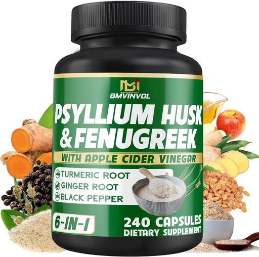 [BRSRA233CB5GCYIY] BMVINVOL Psyllium Husk Fiber Supplement met Fenegriek, Apple Cider Vinegar, Kurkuma, Gember, Black Pepper- Digestie Gezondheidsondersteuning - 240 Capsules