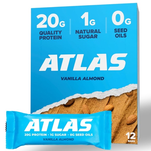 [BRSWGHAQBUOR4HLV] Atlas Protein Bar, 20g Protein, 1g Sugar, Clean Ingredients, Gluten Free, Vanilla Almond (12 Count, Pack of 1)