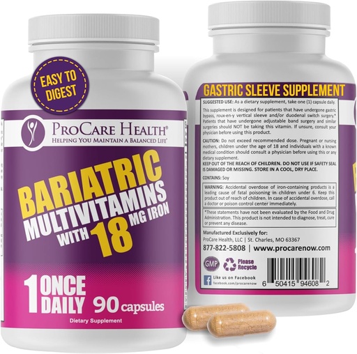[BRSWGATQOEIWCCLB] ProCare Health Bariatric Multivitamin עם Iron 18 מ"ג (03 חודשי אספקה) - ויטמינים פוסט-Op Bariatric לחולים ניתוחי גז מסובך בראטרי, תומך התאוששות (90 Easy to Swallow כמוסות)