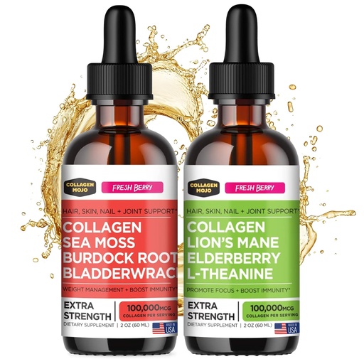 [BRSRO2YPCIJWKC3P] Collagen Mojo Liquid Collagen Peptides with Sea Moss, Burdock Root & Bladderwrack + Liquid Collagen Peptides with Lions Mane Mushroom, Elderberry & L-Theanine
