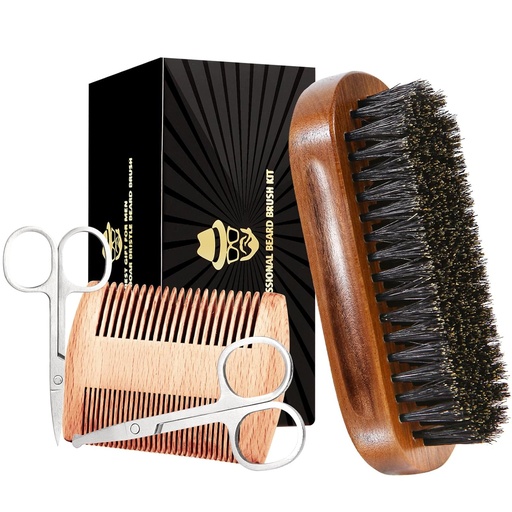 [BRSROAQ2A4GRQEQ2] Beard Brush for Men, Boar Bristle Black Walnut Wood Beards and Mustaches Grooming Set Including Pure Boar Bristle Beard Brush, Beard Comb, Mustache Scissors, and Travel Bag