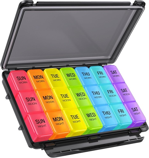 [BRSRAY35O4NGC232] ZIKEE Organizador semanal de píldoras 3 veces al día con diseño resistente a la humedad, caja de píldoras 7 día con protección de privacidad para viajar, gran caso semanal de píldoras para medicamentos, vitaminas, aceites de pescado