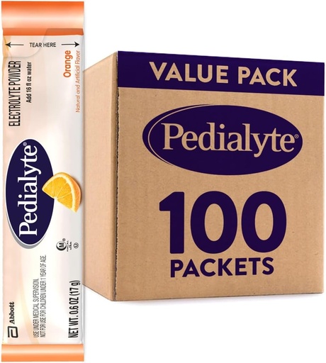 [BRSWGFQROQPGA33A] Pedialyte Electrolyte Powder Packets, Orange, Hydration Drink, 100 Single-Serving Powder Packets