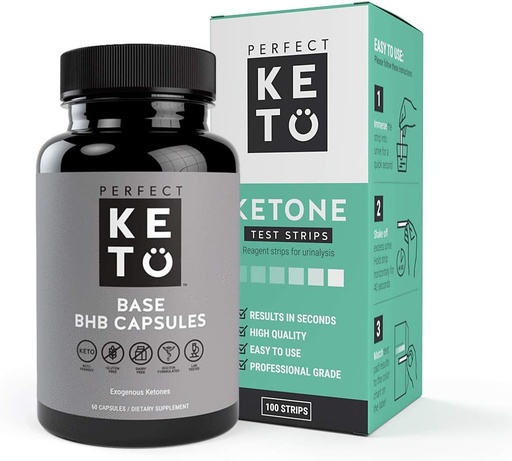 Perfektua Keto Exogenous Ketones Base BHB osagarria (60 kapsula) - Ketogenogenoa Dietaren euskarria Pisua, Energia eta Fokua - Ketosis Beta-Hydroxybutyrate (100 pc) Keto Strips Bundle