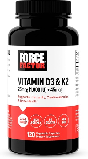[BRSRAZY3DJYRODTD] FORCE FACTOR Vitamine D3 K2 ter ondersteuning van Immuniteit, Hartgezondheid, Bone Support, en meer, High-Potency 2-in-1 Formula, Vegan, No Gelatine, Non-GMO, 120 Capsules