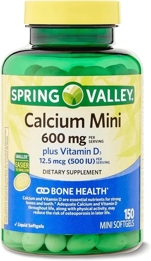 [BRSRAGT2AECRMCDG] Spring Valley Calcium Plus Vitamin D3 150 Mini Softgels | Calcium Supplement | Calcium Mini softgels | Calcium 600 mg with Vitamin d3 | Calcium Carbonate 600 mg, 150 Mini Softgels +