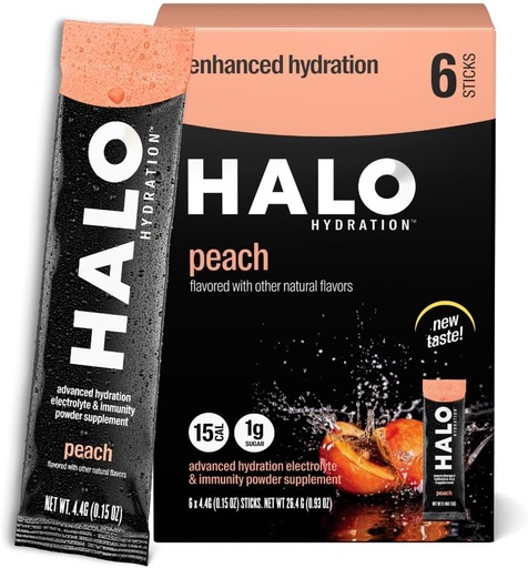[BRSW2HQFAQNRMHY7] Halo Hydration Electrolyte Powder Packets – Peach - 6 Servings (5g Each) - Organic Hydration Drink with Low Sugar + Essential Vitamins + Minerals - Vegan
