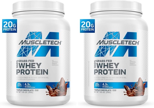 [BRSRAY35DEMRUEIU] MuscleTech Grass Fed Whey Protein Powder for Muscle Gain, Growth Hormone Free, Non-GMO, Glutenvrij, 20g Proteïne + 4.3g BCAA, Triple Chocolate, 1.8 lbs (Pack of 2)