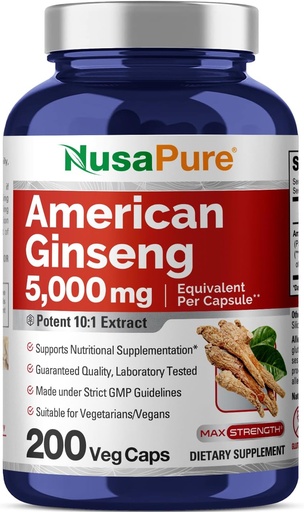 [BRSWG2Q6DEPBOG34] NusaPure American Ginseng 10:1 Extract, 500 mg Equivalente a 5000mg - 200 capsule vegetali (Vegetarian, Non OGM, Vegan)