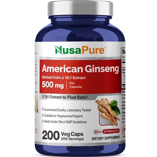 [BRSWG2Q6DEPBOG34] NusaPure American Ginseng Capsules, 500 mg, 200 Veg Capsules (Non-GMO, Vegan)