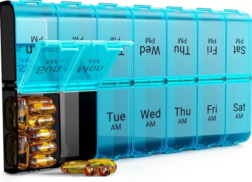 [BRSWYZILCB6AGYLX] 7 Day Extra Velký Pořadatel pilulek 2 krát denně, Týdenní schránka Pill dvakrát denně, XL PM Pouzdro na Pill, Oversize Daily Medicine Organizátor pro vitamín, Velký kontejner na pilulky (Cyan)