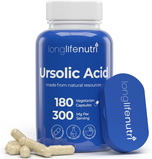[BRSRAFD3DF5GKYIZ] LongLifeNutri Ursolic Acid 300mg - Sourced from Rosemary Leaf Extract, 180 Vegetarian Capsules, Organic Supplement for Muscle Growth & Recovery, 2-Month Supply, Lab Tested, GMP Certified, Made in USA