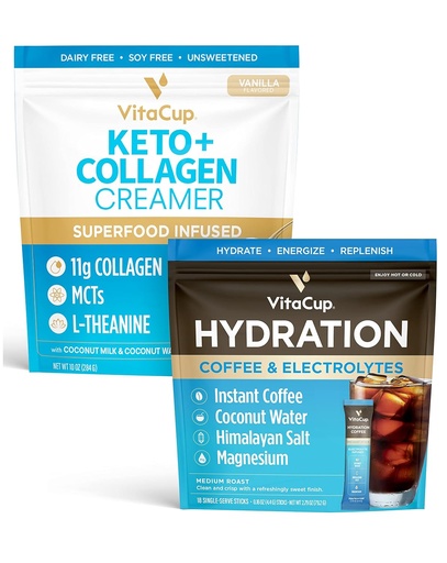 [BRSRMZAOCJ7BU3A3] VitaCup Hydration Instant Coffee Sticks w/Electrolytes, Coconut Water, Medium Roast 18ct & Keto + Collagen Vanilla Coffee Creamer w/Superfoods & MCTs, 10 oz