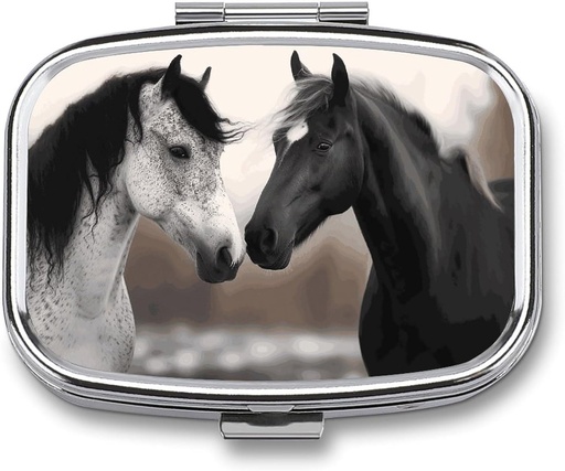 [BRSRAAA5DN6W2CD2] Black and White Horses Square Pill Box, 2 Compartment Decorative Pocket Pill Box for Pocket Or Purse Portable Mini Travel Medicine Tablet Vitamin Holder Organizer Pill Case