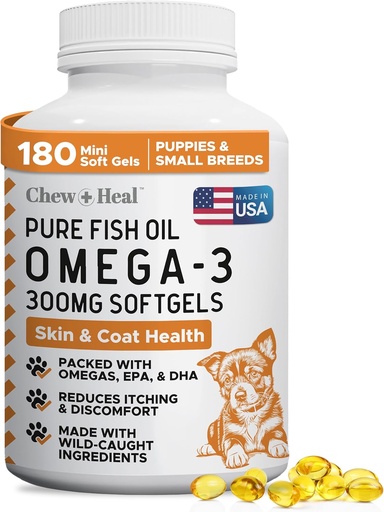 [BRSRAAANBUMBGCLV] Wild Caught Omega 3 Fish Oil for Dogs - 180 Softgel Capsules for Healthy Skin and Coat - 300 mg Mini Dog Fish Oil Pills for Shedding, Dry Itching Skin, and Hot Spots - Pet Omega Salmon Supplement