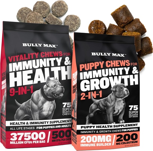 [BRSRAADROYHGO3Y3] Bully Max Vitality Dog Chews and Puppy Soft Chews Bundle for Total Support with Daily Vitamins for Puppies and Adult Dogs - Including Imunity, Joint, Skin, Coat, Digestion, and Development Support