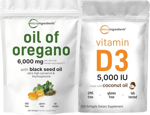 [BRSRABT3PMIGYEQ6] Micro Ingredients Oil of Oregano Softgels 6,000mg Per Serving & Vitamin D3 5,000 IU Bundle Pack | 4X Strength Carvacrol & Thymoquinon | Vitamin D as Cholecalciferol