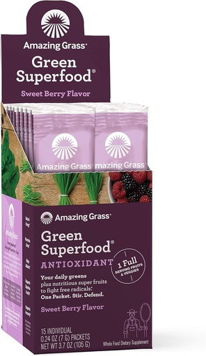 [BRSWKG32BEHWGCLO] Amazing Grass Green Superfood Antioxidant: Super Greens Powder with Spirulina, Elderberry & Probiotics, Sweet Berry, 15 Servings