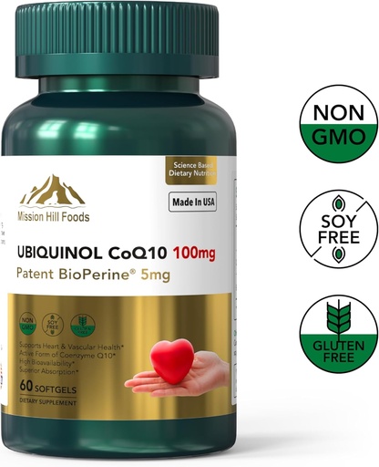 [BRSRAYYPDEBWKGY3] Premium Ubiquinol CoQ10 + BioPerine (100mg) | Antioxidant for Heart Health (1 Bottle-60 Softgels-2mo Supply) | High Absorption Heart & Vascular Vitamins | Non-GMO & Gluten Free