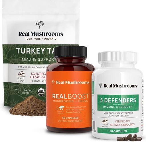 [BRSW2AIFOQJRMFI2] Real Mushrooms RealBoost (60ct), 5 Defenders (90ct) & Turkey Tail Mushroom Powder & Capsules Bundle - Mushroom Supplement for Energy, Vitality & Immune Strength - Vegan, Non-GMO