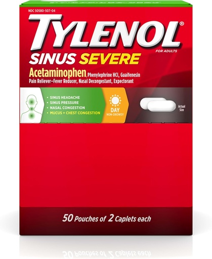 [BRSWGFI7CV6AOHTP] Tylenol Sinus Severe Daytime Caplets with Acetaminophen 325mg, Guaifenesin 200mg & Phenylephrine HCl 5mg, Non-Drowsy Pain Reliever, Expectorant & Nasal Decongestant, 50 Travel Packs of 2 ct