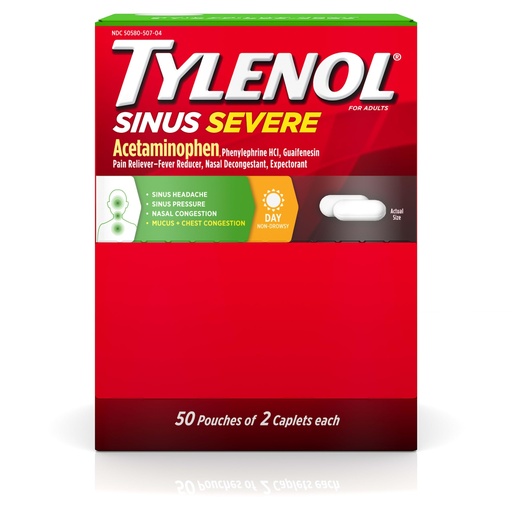 [BRSWGFI7CV6AOHTP] Tylenol Sinus Severe Daytime Caplets, 325mg Acetaminophen, 50 x 2 ct | Guaifenesin 200mg, Phenylephrine HCl 5mg, Non-Drowsy Pain Reliever, Expectorant & Nasal Decongestant