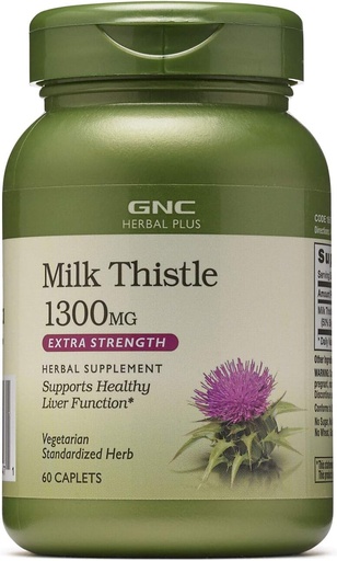 [BRSWIGQEBUPBCD34] GNC Herbal Plus Milk Thistle 1300mg Supplement, Ekstra styrke, vegetarisk, støtter sunn leverfunksjon, 60 serveringer