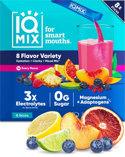 [BRSW2FIFO4NWCF33] IQMIX Hydration Electrolyte Powder - 4-in-1 Formula for Hydration, Mental Clarity, Mood & Recovery - Sugar-Free, Keto Drink Mix with Magnesium L-Threonate & Lion’s Mane - 8-Count Sampler (All Flavors)