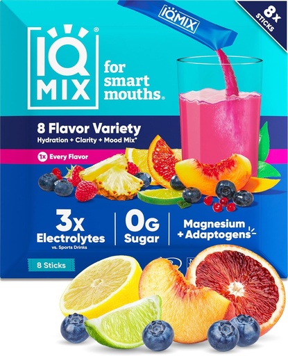 [BRSW2FIFO4NWCF33] IQMIX Hydration Electrolyte Powder - 4-in-1 Formula for Hydration, Mental Clarity, Mood & Recovery - Sugar-Free, Keto Drink Mix with Magnesium L-Threonate & Lion’s Mane - 8-Count Sampler (All Flavors)