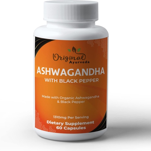 [BRSRMBAODIMRO33V] Certified Organic Ashwagandha with Organic Black Pepper Supplement - 1310mg - Non-GMO, Gluten-Free - 3rd Party Lab Tested