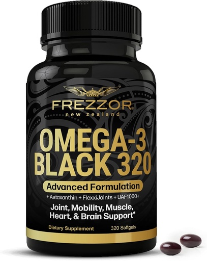 [BRSW2FI6OF7GGCYU] FREZZOR Omega 3 Black - Zelená Lipped Mussel Oil Kapsle, Vyrobeno na Novém Zélandu, UAF1000 +, Společná péče a pomoc, Srdce a imunitní podpora, No Fishy Aftertact, 320 Počet (balení po 1)