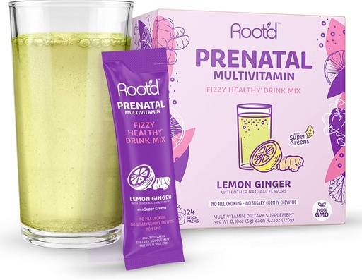 [BRSWYZQYPMOQI236] Rootd - Powder Prenatal Vitamin - Pregnancy Multivitamin with 25 Vitamins & Minerals A, C, D, E, B12, B6, K, Iron, Folate, Probiotics, Organic Super Greens | Lemon Ginger | 24 Effervescent Stick Packs