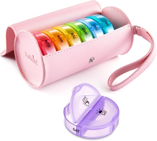 [BRSROAL7OQBB4FIY] Fullicon PU Case Weekly Pill Box organizer 2 Times A Day, 旅行7天 Pill Boxes, 便携式药片 药物 维生素 鱼油补充剂(Pink/Rainbow)