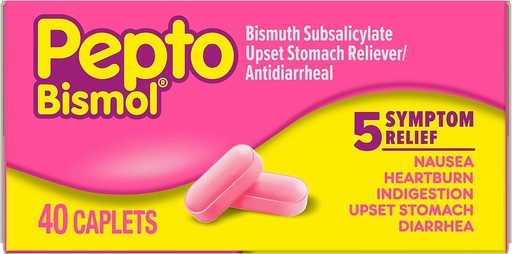 [BRSWIYQOAACRC3Y3] Pepto Bismol Caplets for Nausea, Heartburn, Indigestion, Upset Stomach, and Diarrhea, 5 Symptom Fast Relief in a Convenient Form, 40 ct