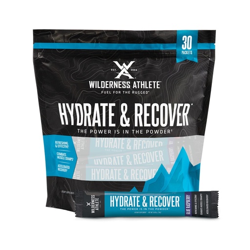 [BRSW2BABAQMRA3TZ] Wilderness Athlete - Hydrate & Recover | Liquid Hydration Packets Electrolyte Drink Mix - Recover Faster with Bcaas - 30 Single Serving Hydrate Packets (Blue Raspberry)