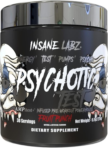 [BRSWYCQPOUMAYAYY] Insane Labz Psychotic Test, High Stim Testosterone Energy and Pump Boosting Pre-Workout Powder with DMAE Bitartrate, D Aspartic Acid, Creatine HCL and Glycerol Monostearate, 30 Servings, Fruit Punch
